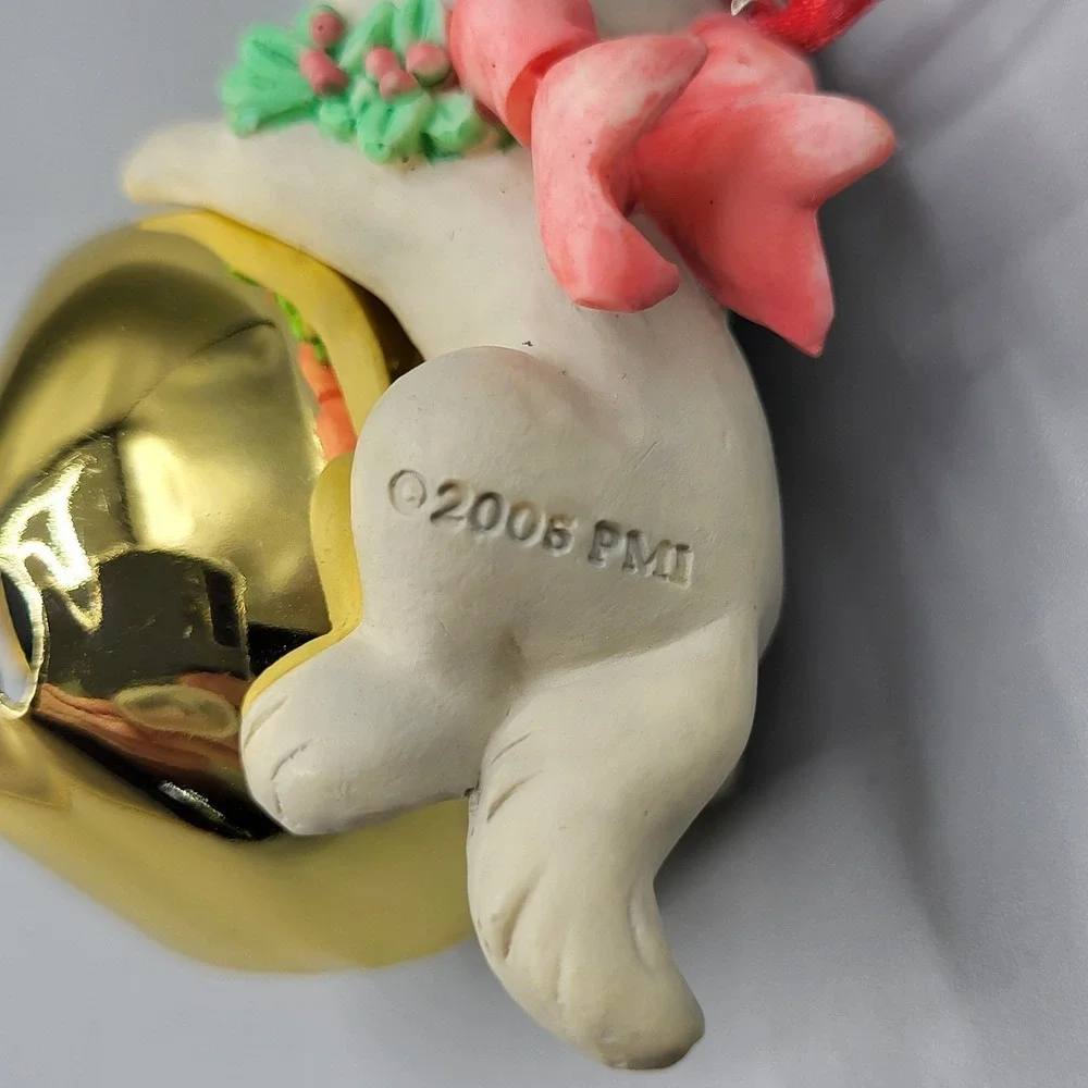 Vintage Precious Moments Cat Jingle Bell Ornament 2006 Kitten Pink Bow White